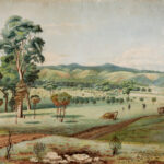 Image: A painting of a natural environment with rolling hills in the background; Indigenous men, women and children, some with spears; and a man and bullock cart travelling down a dirt road.