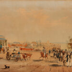 Image: Dirt street with people walking and riding horses