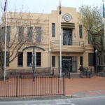 Two storey public building with cantilevered balcony