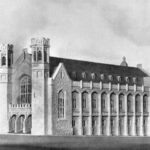 Image: An architect's model of a hall building with towers, windows recessed into stone arches, and a pitched roof