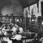 Image: male and female students sit at tables in a library with a vaulted ceiling