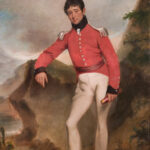 Image: Painted self-portrait of a man leaning against a rock wearing a red military jacket and cream trousers