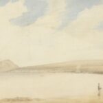 Image: Watercolour painting of bay with two men standing in foreground