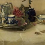 Image: A still life oil painting of a table upon which sits a silver tray with a blue-on-white porcelain teacup and silver teapot. Nearby are a blue-on-white porcelain sugar bowl, silver sugar tongs, and a black jug containing pink flowers