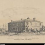 Image: A lithograph of a large, two-storey stone building of mid Victorian-era vintage. Several ship masts are visible behind the building. The title ‘Railway Hotel, Port Adelaide’ is printed at the bottom of the illustration