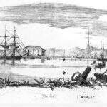 Image: A sketch of nineteenth century Port Adelaide’s waterfront, featuring a small number of buildings, a wharf, and a number of sailing ships and small boats moored in the harbour