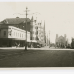 Pulteney Street looking north, with still existing Ruthven Mansions then Scots Church on the left, Bonython Hall at the end of Pulteney Street. The photo also shows no longer existing buildings and tramline on Pulteney Street.