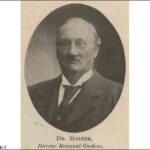 Image: An oval shaped black and white head-shot of a bespectacled, balding man in a dark suit and tie. Captioned DR. HOLTZE, Director Botanical Gardens.