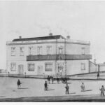 Image: pencil drawing of people on the street outside the Prince Albert Hotel