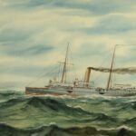 Image: Painting of steam ship with two masts and steam coming from funnel, ship is on choppy water