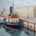 Image: A watercolour painting of a tug boat moored alongside a wharf. The name ‘Yelta’ is painted on the vessel’s bow