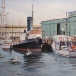 Image: A watercolour painting of a tug boat moored alongside a wharf. The name ‘Yelta’ is painted on the vessel’s bow