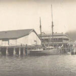 Image: A large steamship and two small sailing vessels are tied up at a wharf. A number of buildings are visible in the background