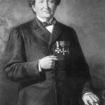 Image: A painted portrait of a middle-aged Caucasian man wearing a mid-19th century coat and bowtie. Three medals are pinned to the left breast of his coat