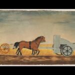 Image: A hand-drawn and coloured picture of a man in early 19th-century attire operating a machine for reaping wheat. The machine is attached to two harnessed horses, who are pushing it through a wheat crop