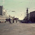 Image: Street scene colonial buildings and Town Hall clock tower