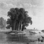 Image: Drawing of river with small vegetated island in its centre. Indigenous Australians stand on the right river bank, on the island and by a small shelter in the foreground. A small canoe travels along the water to the right of the picture.