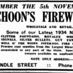 Image: advertisement of fireworks; varieties include "flitter fountains, rotalex whirlers, robot signals" and "silver bullets"