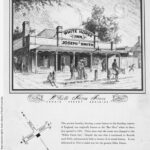 Image: An illustration of the Whitehorse Inn on Currie street as it stood prior to its demolition to make way for Elder House. The image shows a quaint pub with people and horses nearby.